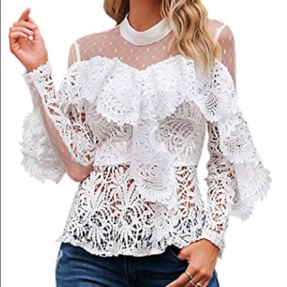 Lace Mesh Blouse Long Sleeve Ruffle Party Top